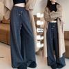Women's Maternity Woolen Fleece-Lined High-Waist Wide-Leg Pants for Petite Sizes - Korean Style for Autumn/Winter