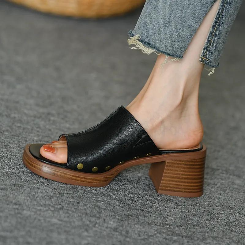 Dámské pantofle Silné vysoké podpatky Kvalitní pravá kůže Módní peep toe lodičky Platformy Ležérní párty boty Dámské nazouváky Dámské