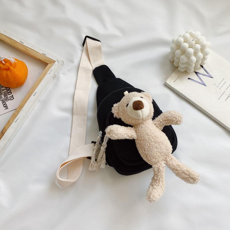 Stylish And Practical Children s Summer Canvas Crossbody Bag Cute Bear Character чёрный