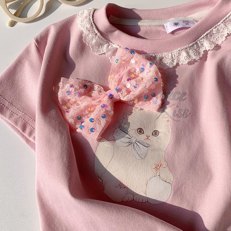 Girls' Casual Lace Short-sleeved T-shirt For Summer, Cute Cat Print Children's Top