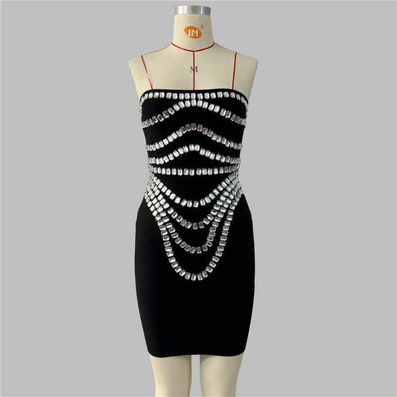 New Heavy Industry Party Dinner Bandage Dress Rhinestone Personality Bandeau Dress Sexy Tight Women's Cross