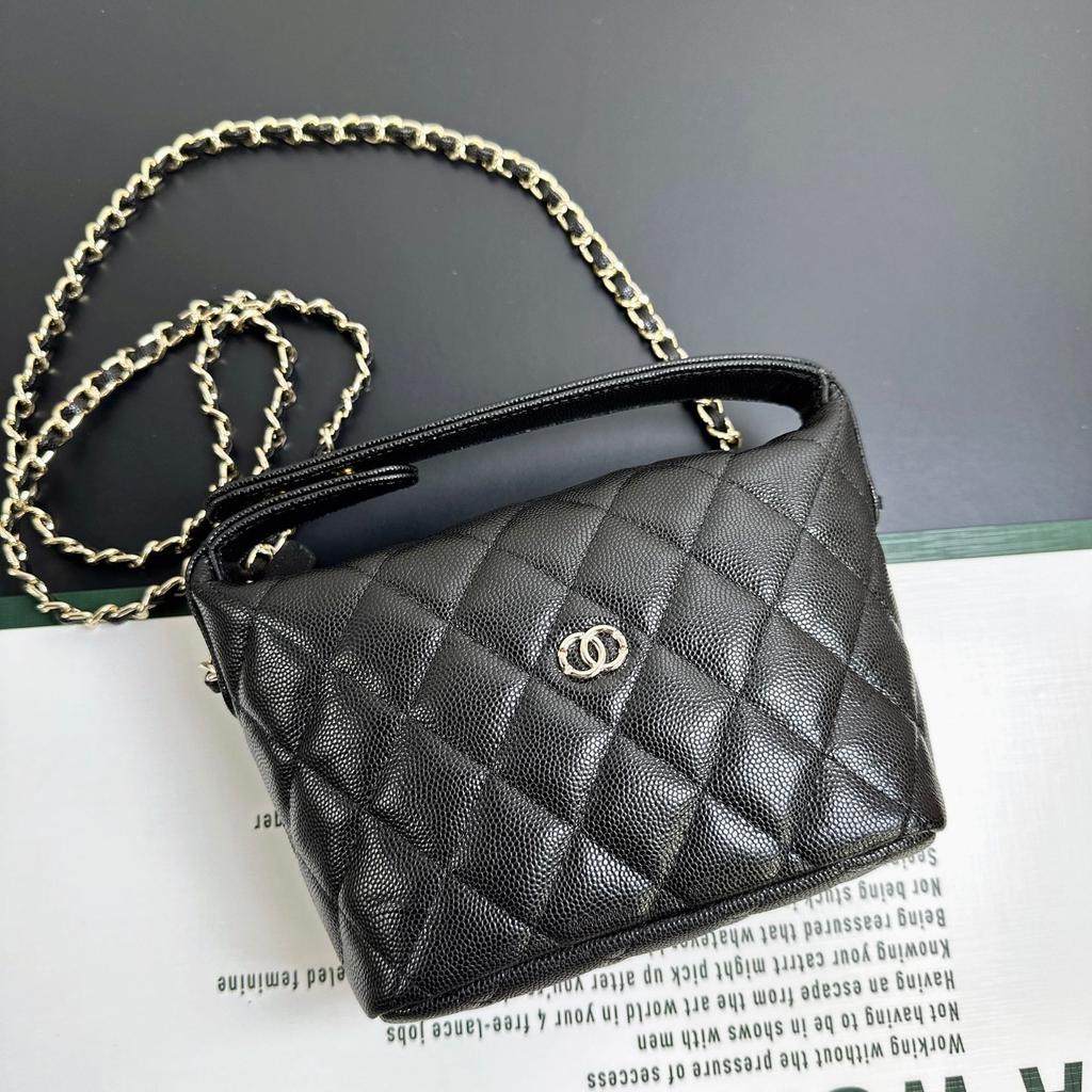 New Lunch Box Bag, Caviar Cowhide Rhombus Chain Bag, Ball Pattern Leather Single Shoulder Crossbody Small Bag for Women