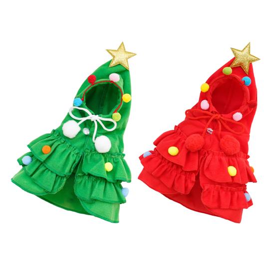 Christmas Pet Outfit Red/Green Pet Cloak with Star And Pom Poms Puppy
