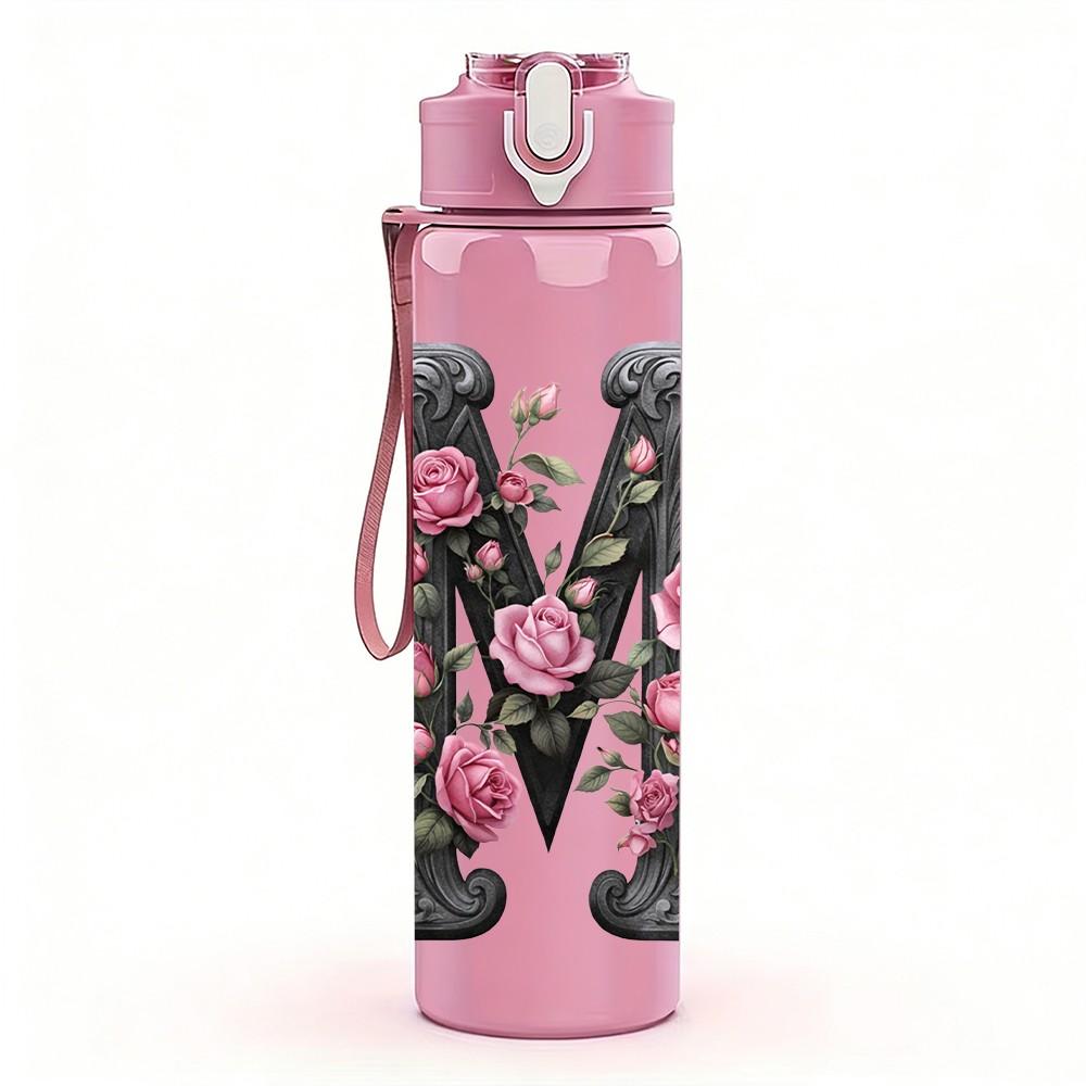 1PC Letter M Rose Flower Floral Monogram 750ml Color Plastic Sports Water Bottle Leakproof Flip Straw Lid Suitable for Sports Office Home Use