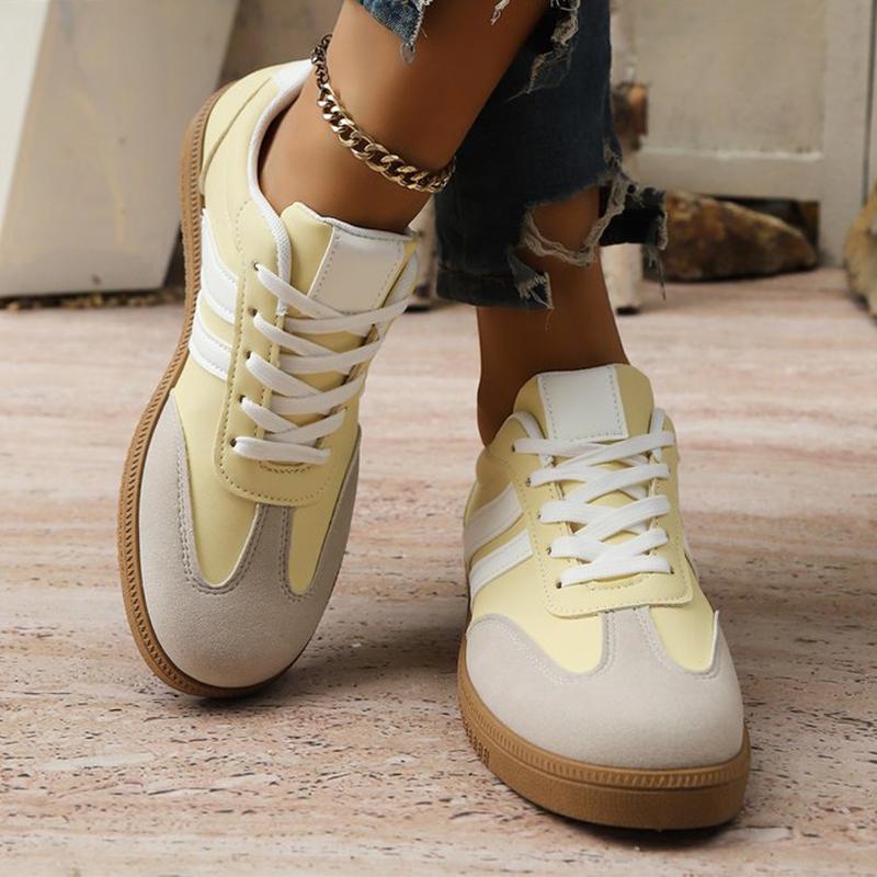 Fashion Light-Yellow Striped Sneakers for Women Spring Autumn Lightweight Walking Sports Shoes Woman Lace Up Vulcanize Shoes Lady