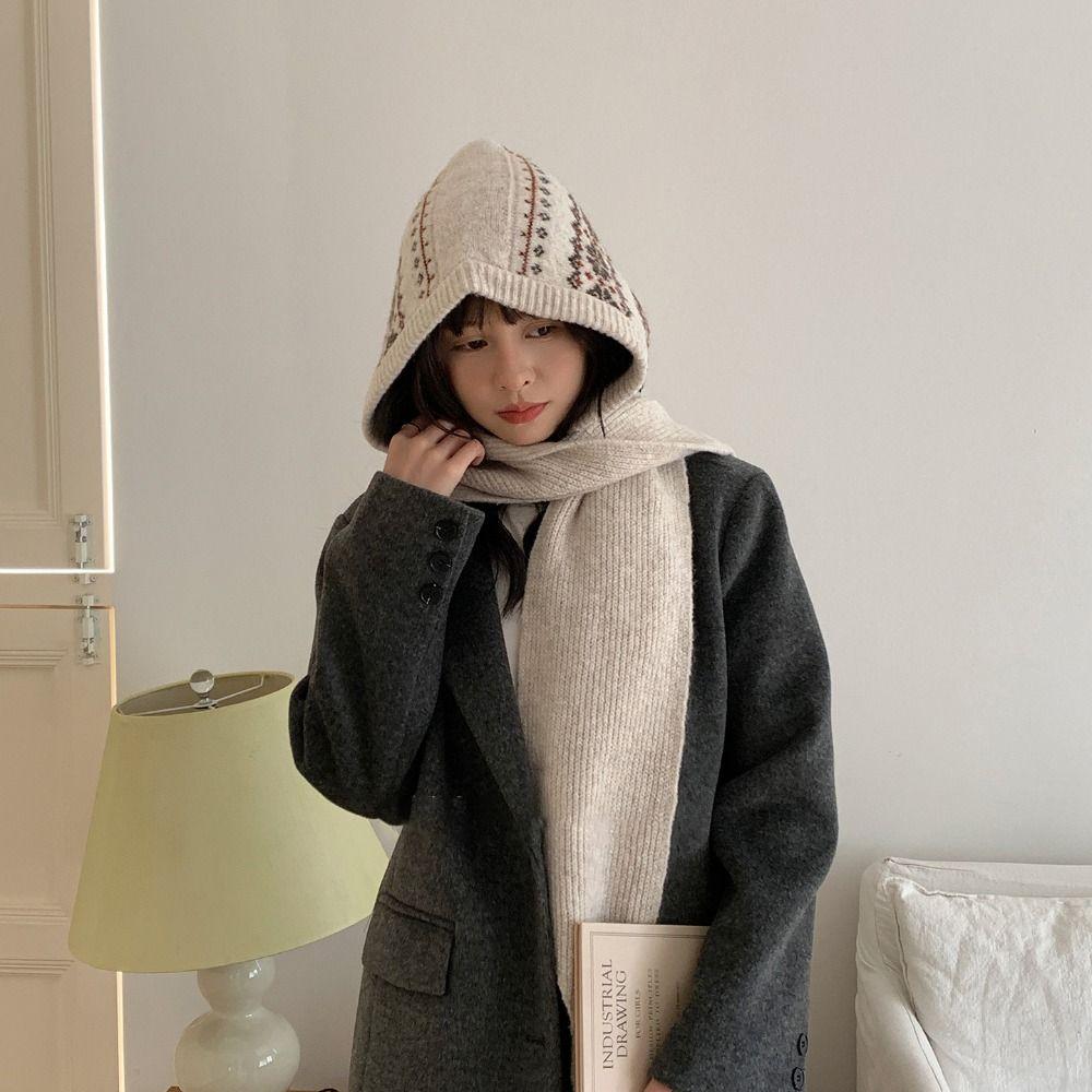 Fair Isle Style Ear Protection Hat Scarf Cap Winter Cap Warm Hooded Hat  Outdoor