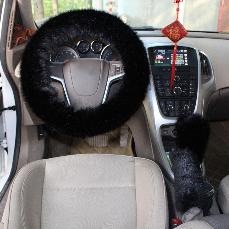 Car Steering Wheel Cover Gearshift Handbrake Cover Protector Decoration Warm Super Thick Plush Collar Soft Black Pink Women Man