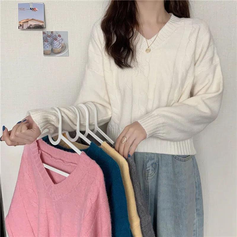 V-Neck Pullover Sweater Women's Solid Thread Woolen Long Sleeve Soft Spring Autumn Knitted Top