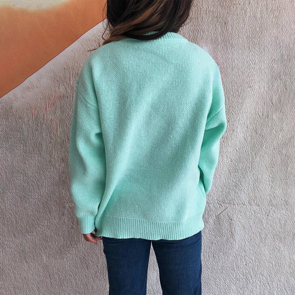 Women's Solid Color Knitted Pullover Sweater With Round Neck Splicing And Three-dimensional  Sweater