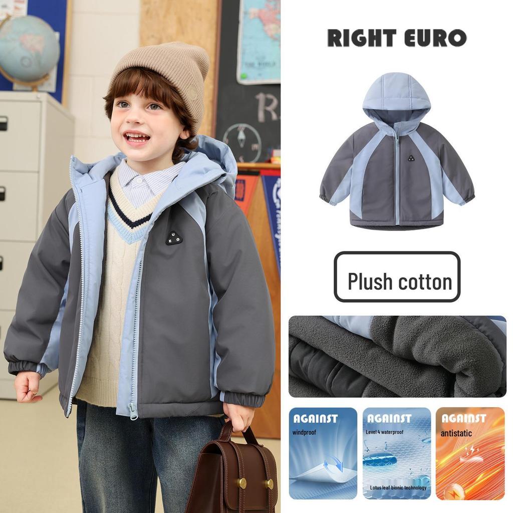 2025 New Boys' Color Block Waterproof Hooded Cotton Jacket with Fleece