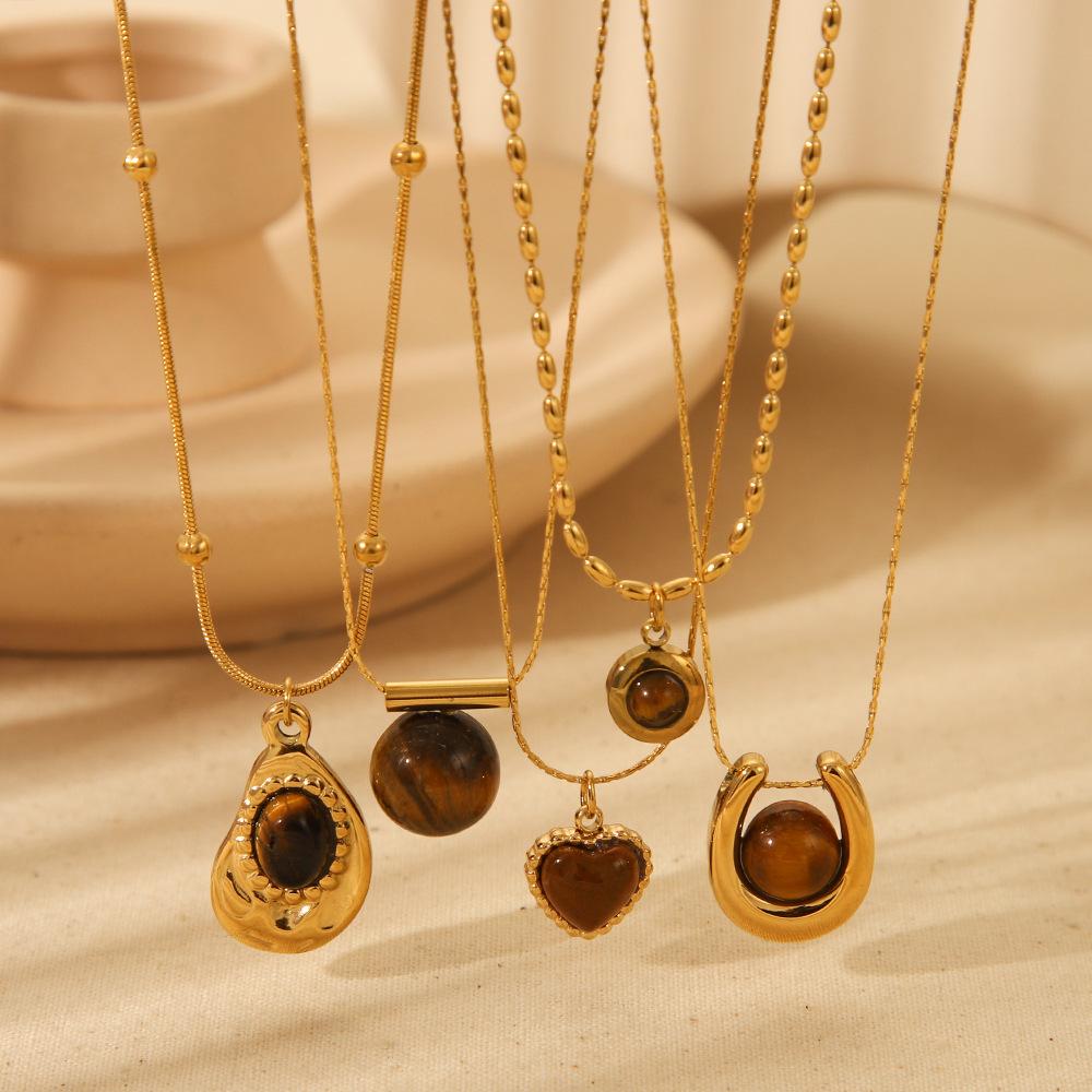 Trendy Stainless Steel Tiger Eye Stone Geometric Pendant Necklace for Women Fashion Jewelry