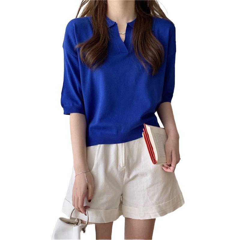 

Женский топ с однотонным лацканом и короткими рукавами, трикотажные топы One Size