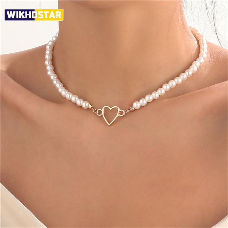 Imitation Pearl Trendy Love Heart  Choker Necklace Female Personality Party Fashion Clavicle Collier Colar Perlas Collar Gift