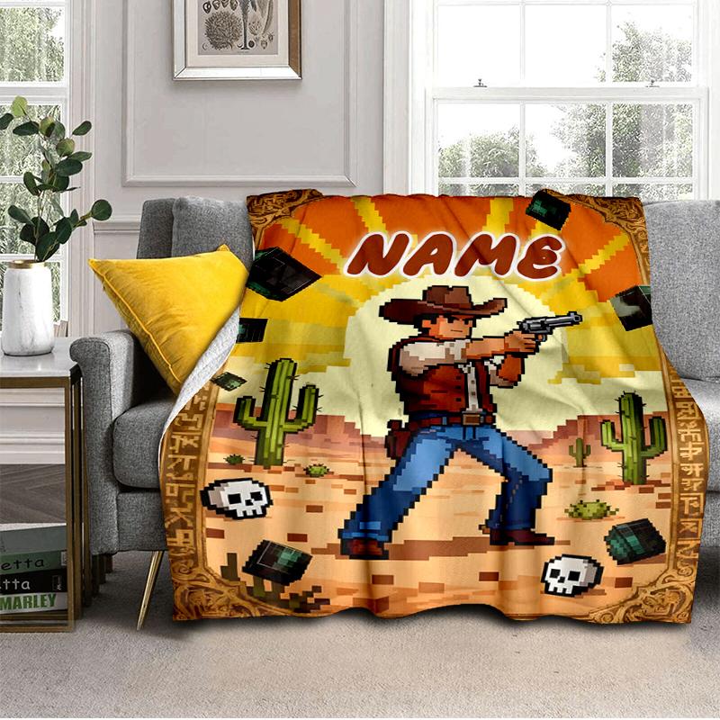 1PC Custom Name Cowboy Adventure Pixel Art outdooor Flannel blankets Throw Blanket All-Season Throw Gift Bedspread for Couch, Bed, Camping Holiday Bir
