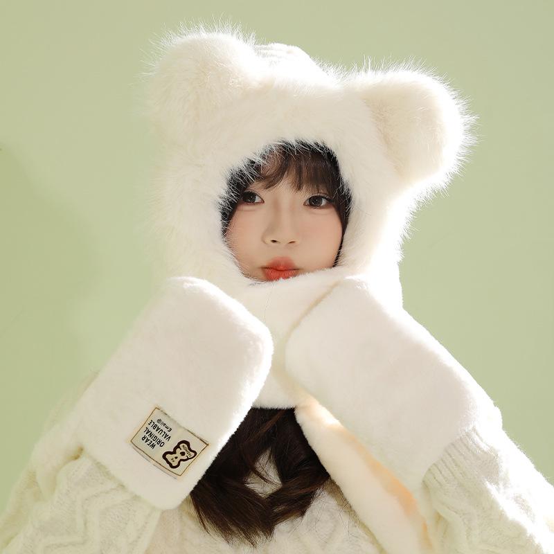 Women's Cozy Fox Ear Plush Hat with Integrated Scarf - Warm, Soft Lei Feng Design for Autumn and Winter. Perfect Ear Protection for Students.
