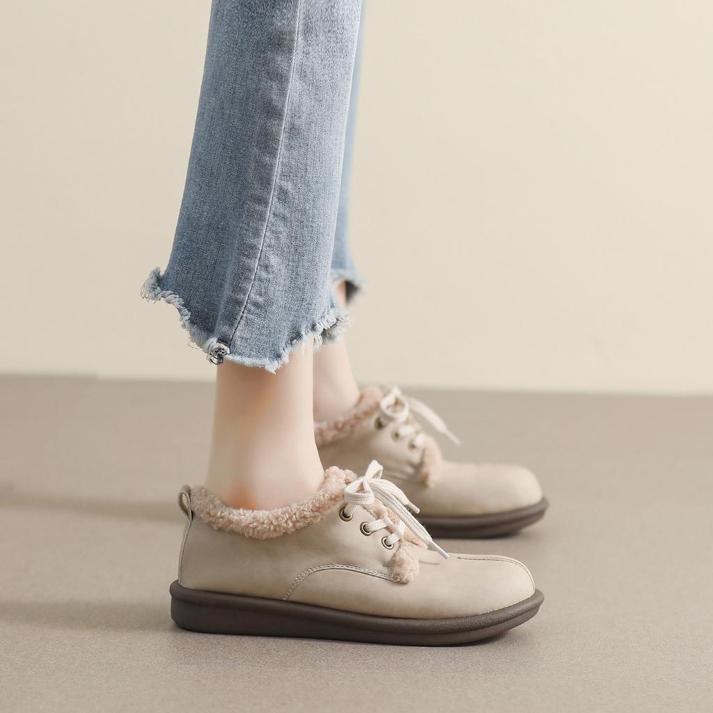 Hairy Shoes Women Wear Winter Single Shoes Lace-up Maillard Velvet Small Leather Shoes Women