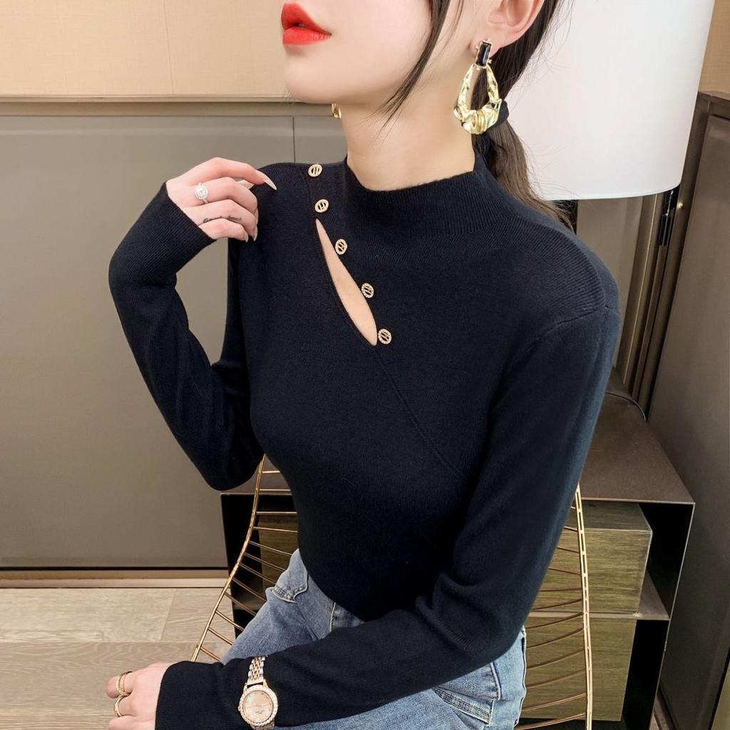 Pure collarbone top women's design semi-turtleneck long-sleeved knitted bottoming shirt women's solid color