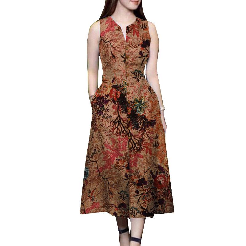 

ZANZEA Women Casual V-Neck Sleeveless Loose Print Dress S рожевий