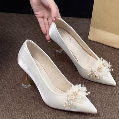 Chaussures simples à talons aiguilles à fleurs tempérament Mode femme Bout pointu Bouche peu profonde Antidérapantes Résistantes à l'usure Talons hauts