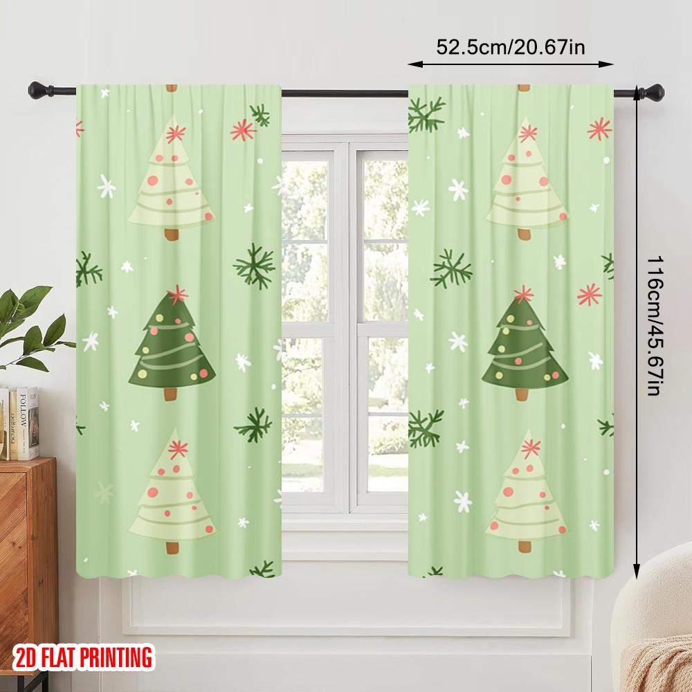 2 szt., Drukowane na płasko 2D Zasłony ze wzorem Choinka Płatki śniegu Trwała tkanina 100% poliester (bez pręta) Dekoracje do domu dla