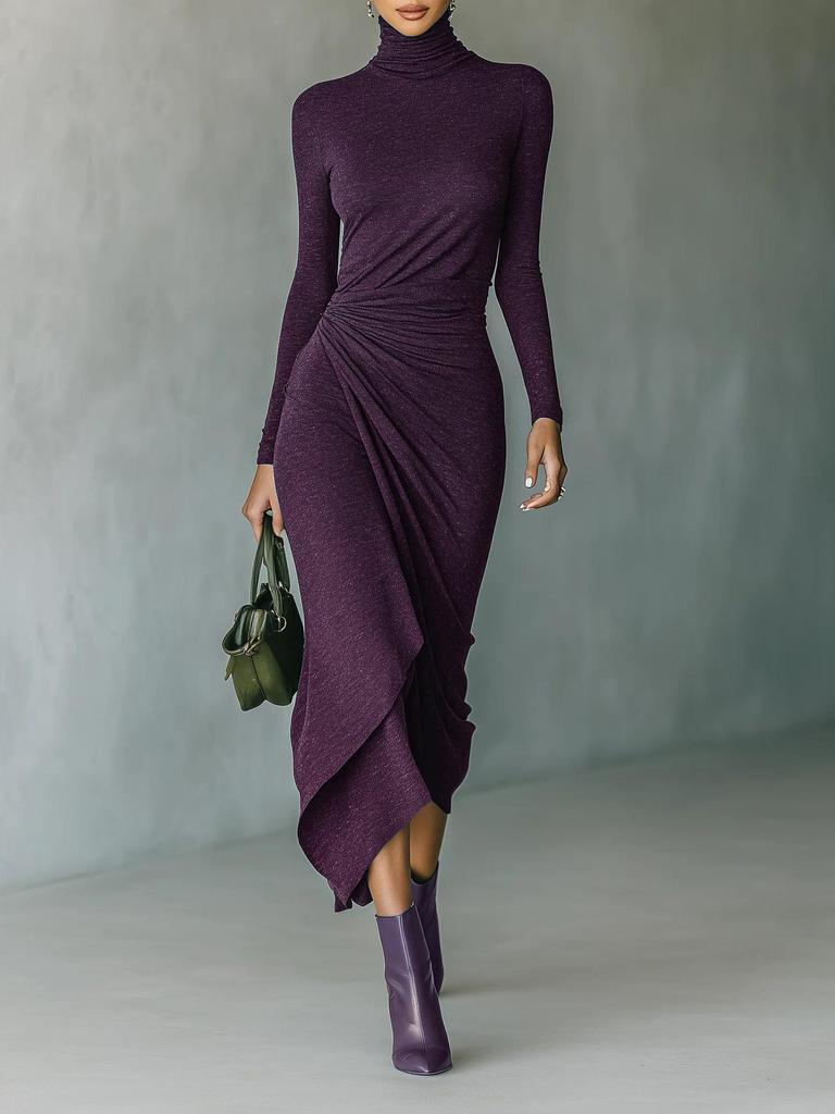 Elegant High-Collar Waist-Cinching Irregular Wrap Dress for Women - Autumn/Winter Collection
