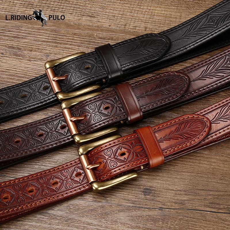 Retro Osobowość Trend Wytłaczany Dwustronny Pogrubiony Skórzany Pasek Męski Skóra Naturalna Miedziana Klamra Paska