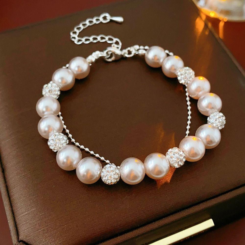 Shining Zircon Pearl Crystal Bracelet Charm Double Layer Bracelet Vintage Beaded Hand Bangle  Party