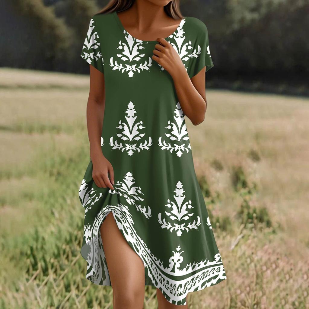 Women's Summer Short Sleeve Round Neck Floral Print Bohemian Dress With Pockets