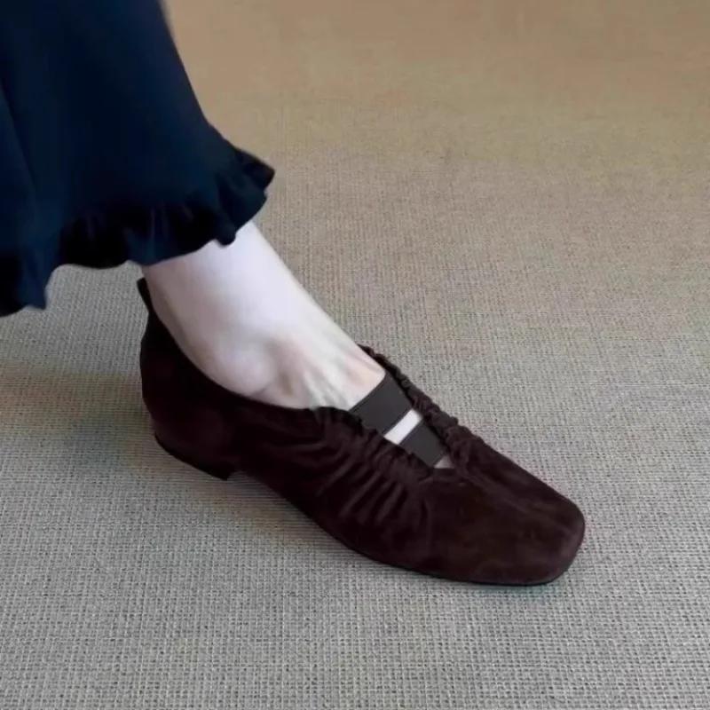 Vintage Single Shoes Autumn New Square Toe Suede Shallow Pleat Soft Sole Non-slip Low Heel Shoes