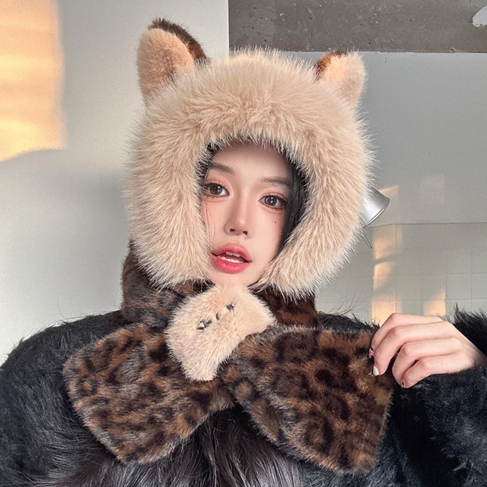 Warm Thickened Winter Scarf Hat Windproof Two-Piece Set Hat Scarf Leopard Print Integrated Scarf Hat Women верблюд
