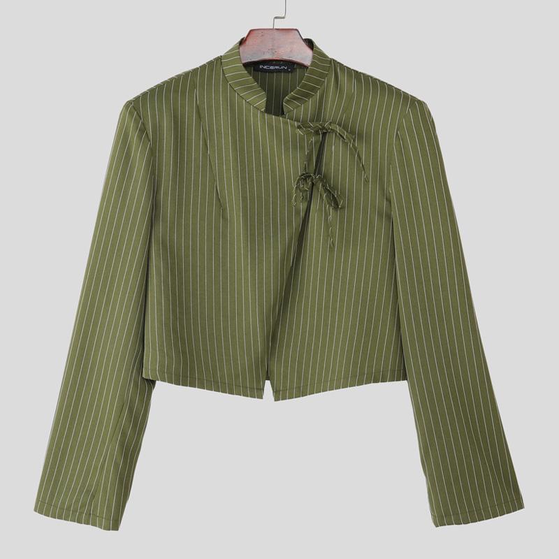 

INCERUN Мужские рубашки с воротником-стойкой, длинным рукавом, полосатыми боковыми вставками, укороченные 3XL армия зеленый