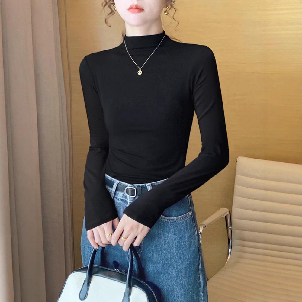 Women's Black Mid-Neck Modal Base Layer Top - 2024 Long Sleeve Slim Fit for All Seasons