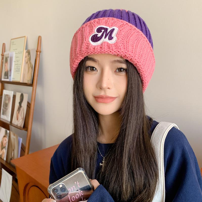 Autumn and winter double-spell wool hat, piled and thickened labeling, cute air-cooled hat, outdoor cold-proof and warm personalized knitted hat