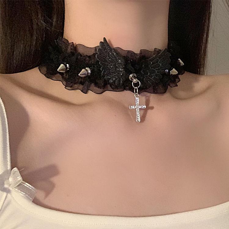Lace-Trim Bow & Ruffle Chain Retro Choker Necklace with Bell