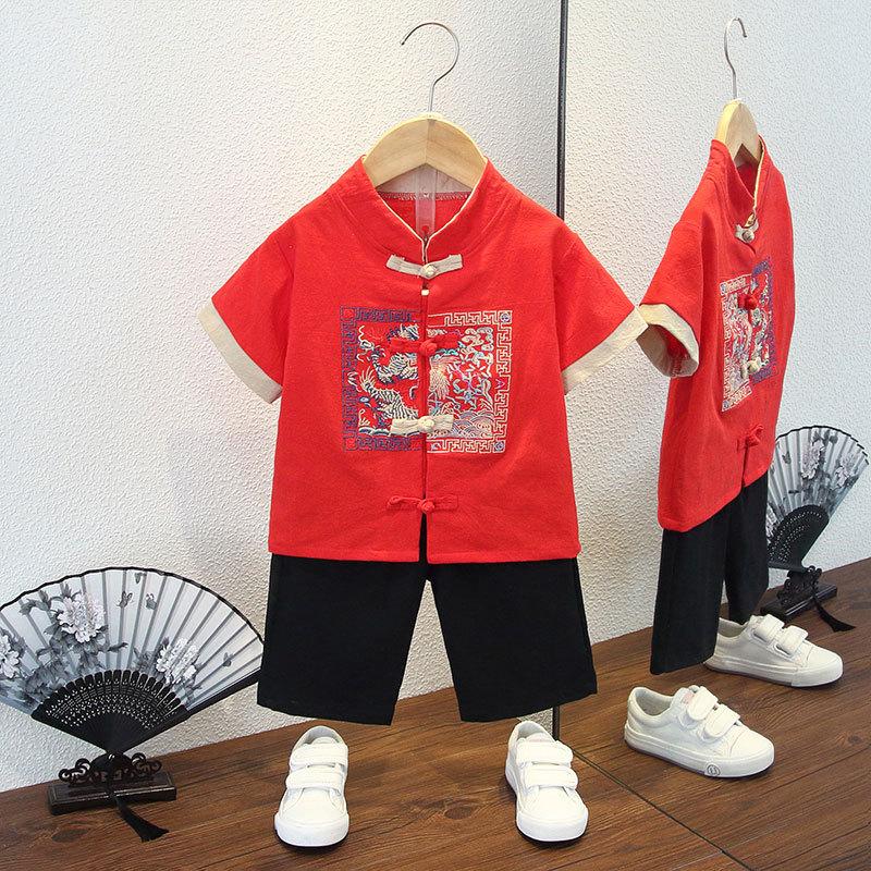 Completo Estivo da Ragazzo a Maniche Corte Stile Cinese per Bambini Hanbok Bello Completo Tang Cotone Lino Sezione Sottile di Abbigliamento Antico