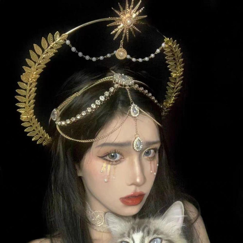 Vintage Sun Goddess Crown Gold Plated Tiara Headpiece Baroque Tiara Headband Stage Performance