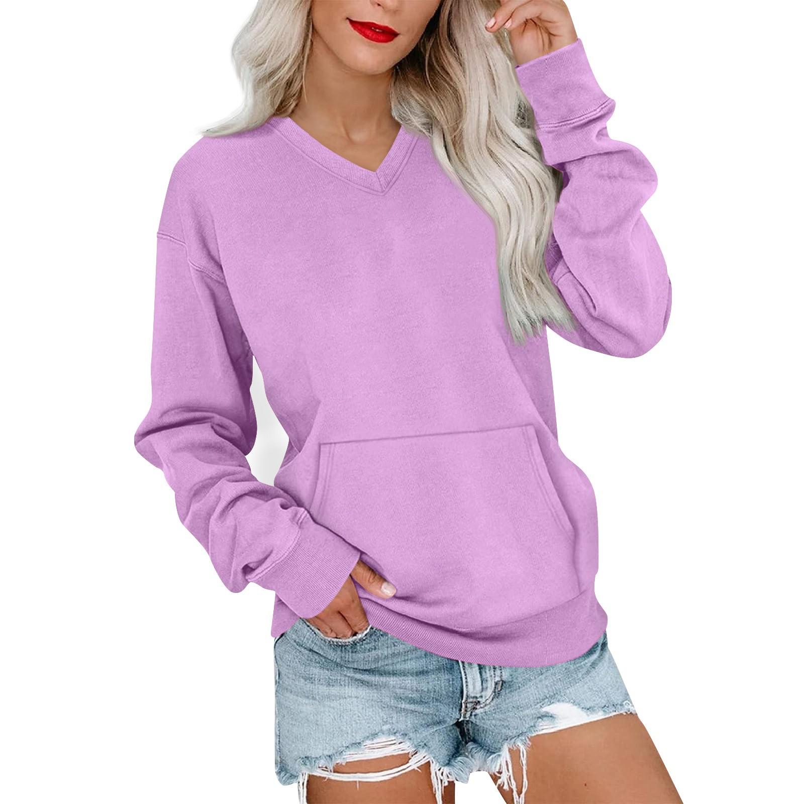 

Женская повседневная модная однотонная толстовка с V-образным вырезом и длинными рукавами, легкая толстовка с карманами XL фиолетовый