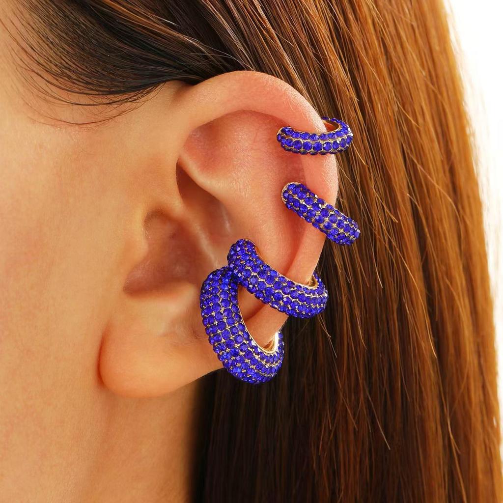 Retro Fashion C-Shaped Bling Ear Clips with Colored Diamonds - Trendy No-Pierce Earrings