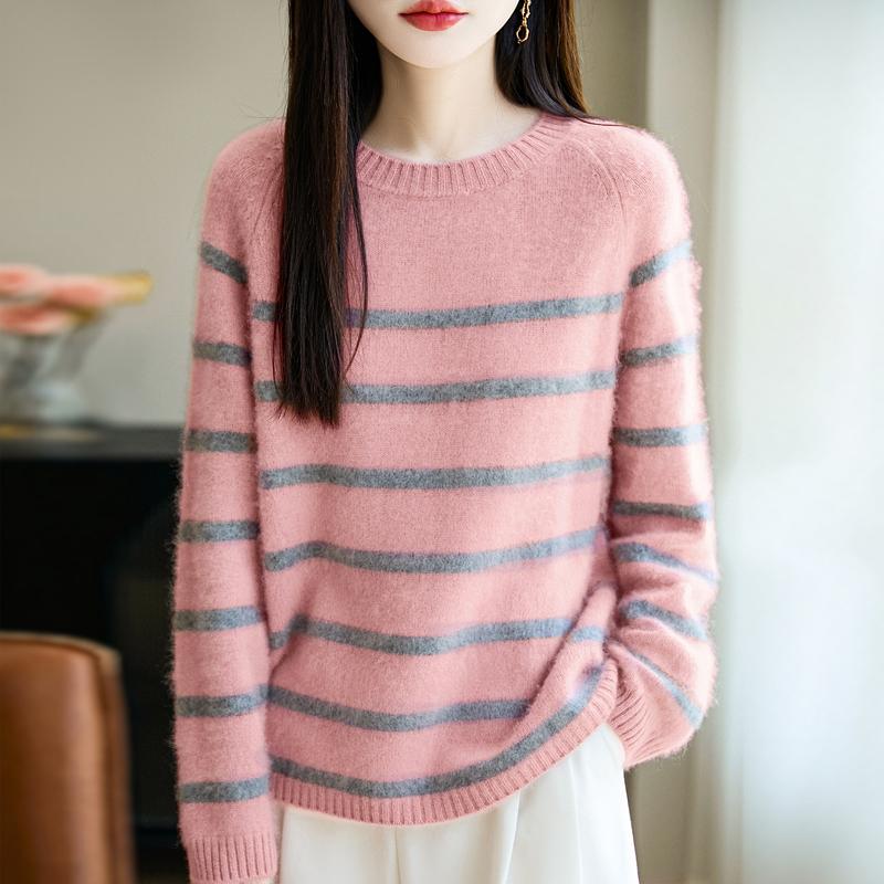 

Женский свитер 100% шерсть MODERN NEW SAGA с круглым вырезом, полосатый вязаный пуловер, толстые зимние джемперы, женские вязаные топы M розовый