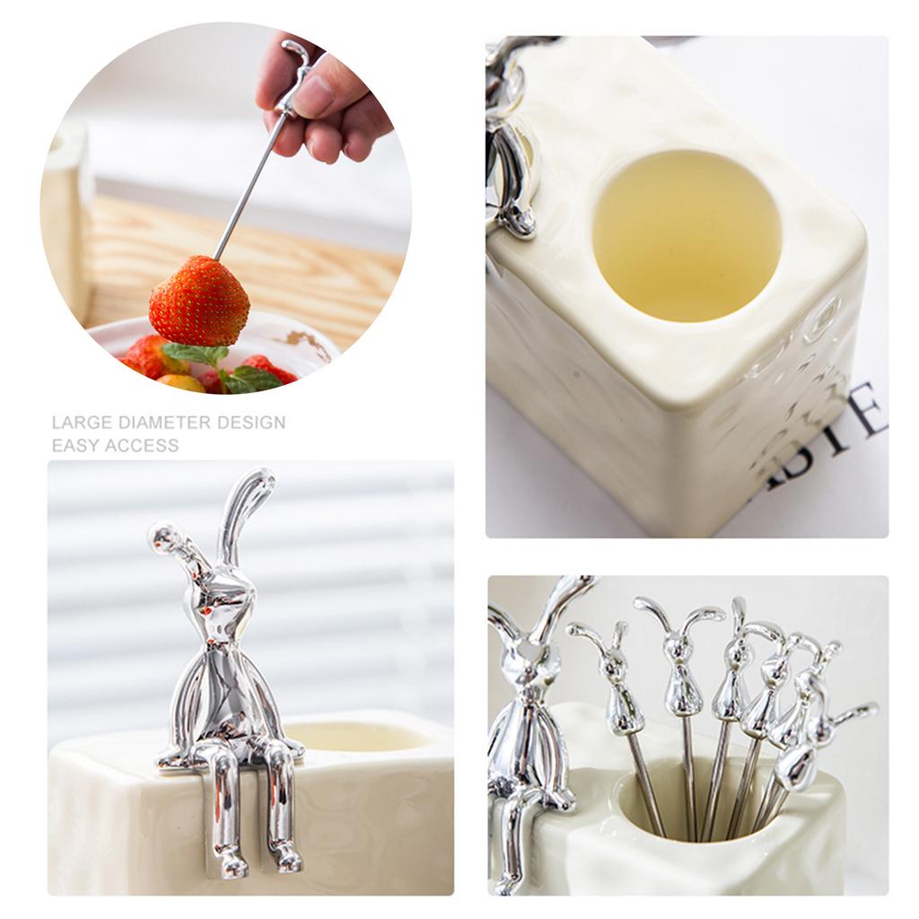 Stainless Steel Fruit Fork Set with Unique Holder Rabbit Dessert Forks Cake Forks Perfect for Home Dining and Parties