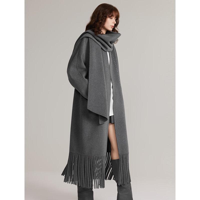ELLE Women's Lambswool Fringe Double-Faced Coat
