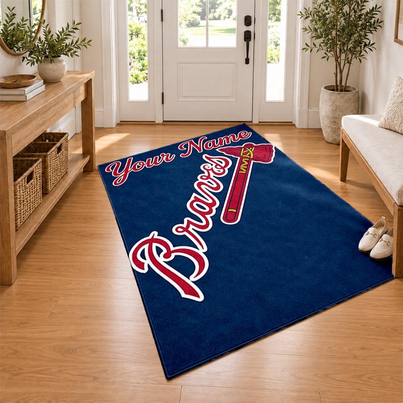 Atlanta Braves Custom Name Personalized Rug Non‑Slip Doormat Floor Carpet Housewarming Birthday Gift for Family Friends