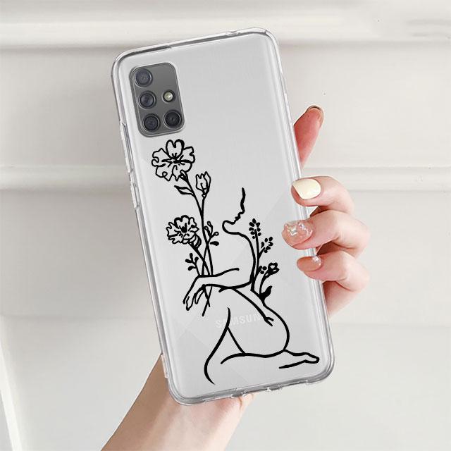 Clear Case For Samsung Galaxy A52 A12 A51 A32 A21s A71 A32 A22 50 A70 A31 A72 5G Phone Cover Love Line Flower