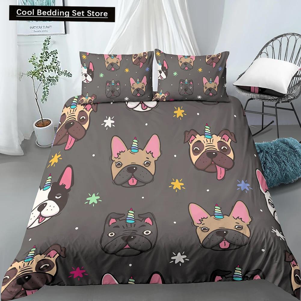 Comforter Cartoon Pug King Queen Double Full Lovely Puppy Bedding Set Pet Animal Yellow Polyester Comforter