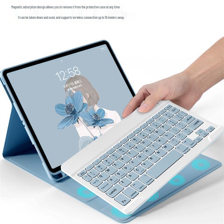 Samsung A7 Tablet Case with Detachable Bluetooth Keyboard, Magnetic Pen Holder, Leather Cover, and Mouse Compatibility.