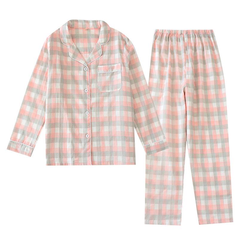 Spring couple pajamas, plaid gauze men's cotton long-sleeved lapel cardigan comfortable long-sleeved trousers loungewear