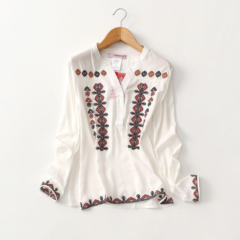 

Export Tail Single Artsy Minimalist Ethnic Style Embroidered Printed Cotton Silk Shirt Female V Neck Long Sleeves Artificial Cotton Tops White Euro code-S(Bust Size 88)