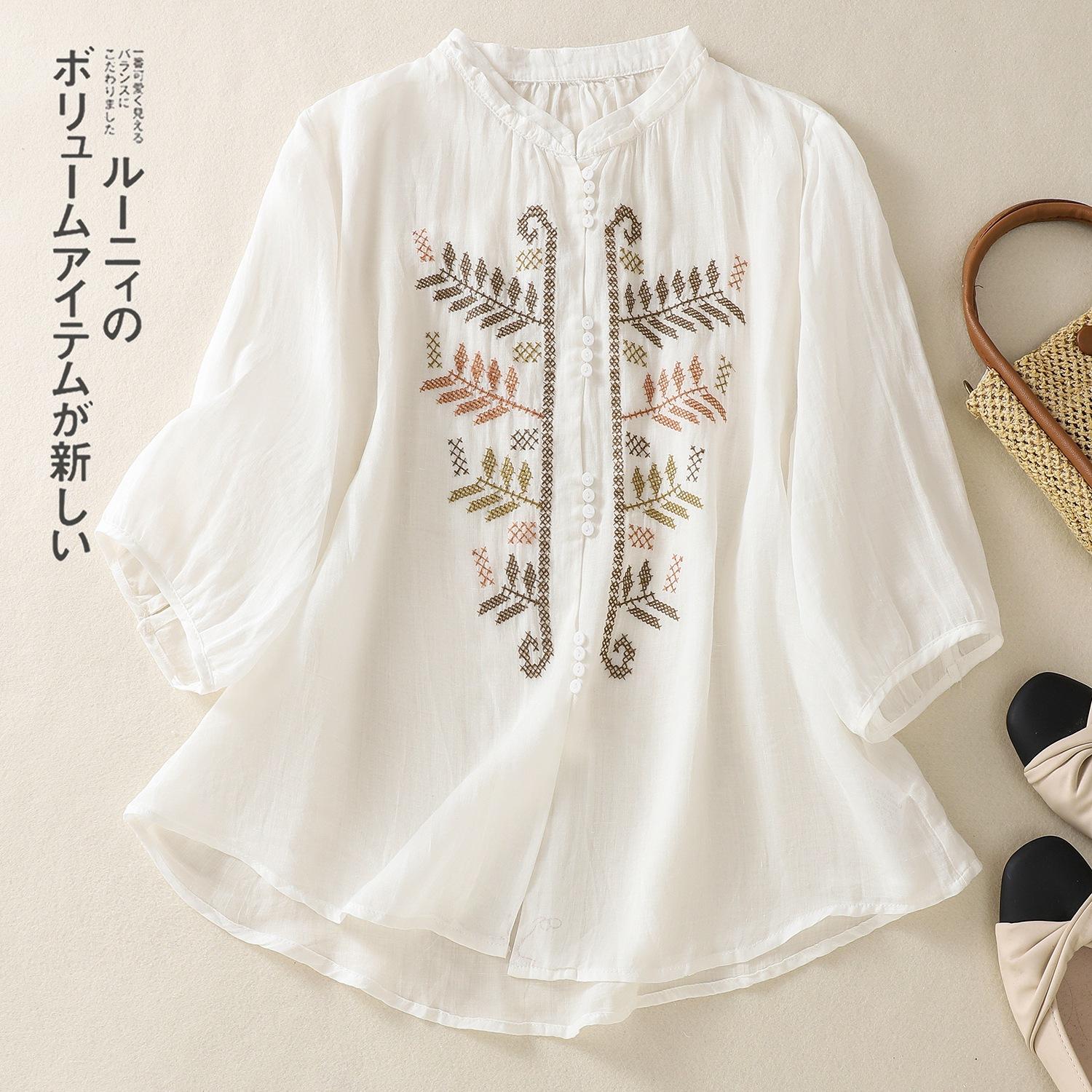 

2025 summer new natural wind leaf embroidered cotton and linen shirt women s retro stand-up collar seven-quarter sleeve cardigan top 2XL білий