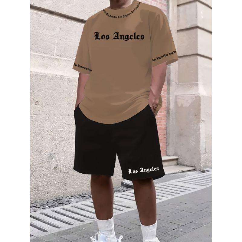 Los Angeles English letter pattern men s short-sleeved + shorts casual sports suit S