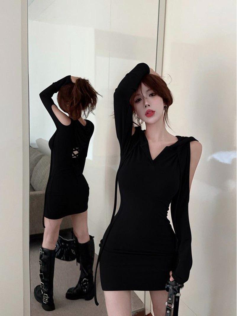 

Off-the-Shoulder Long-Sleeve Slim Fit Hooded Dress for Women – Sexy Autumn Style XL чёрный